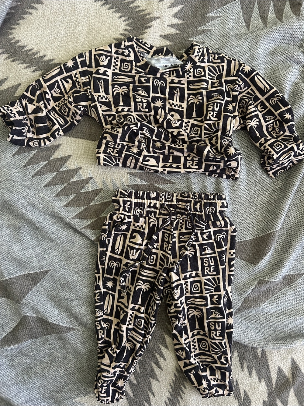 Son and Co Kids Black & Cream Surf-Print Set